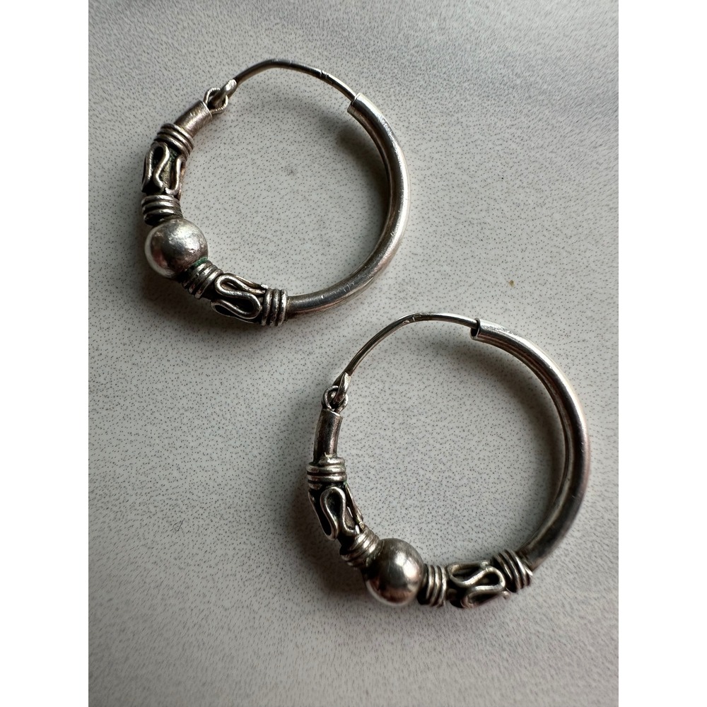 Vintage 925 Sterling Silver Bali Hoop Earrings Wire Wrap Bead Sleepers 2g